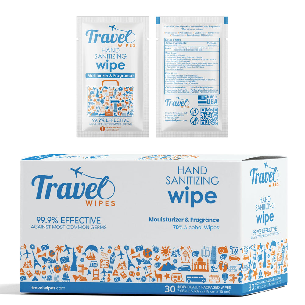 Travel Wipes hand sanitizing wipes, individually wrapped for on-the-go hygiene.