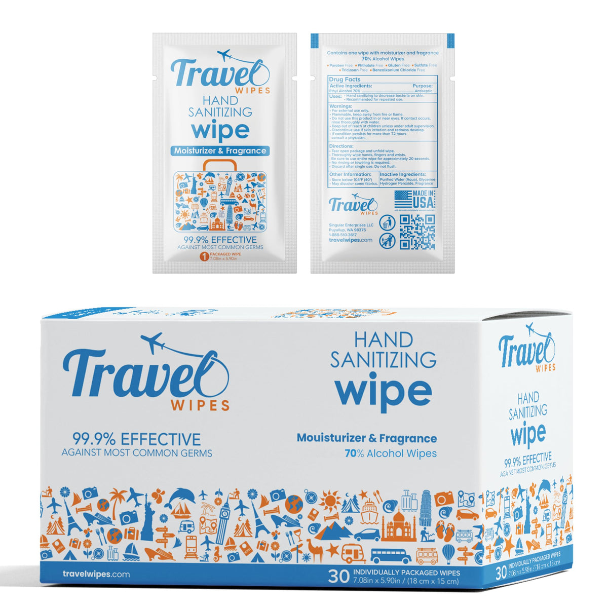 Travel Wipes hand sanitizing wipes, individually wrapped for on-the-go hygiene.