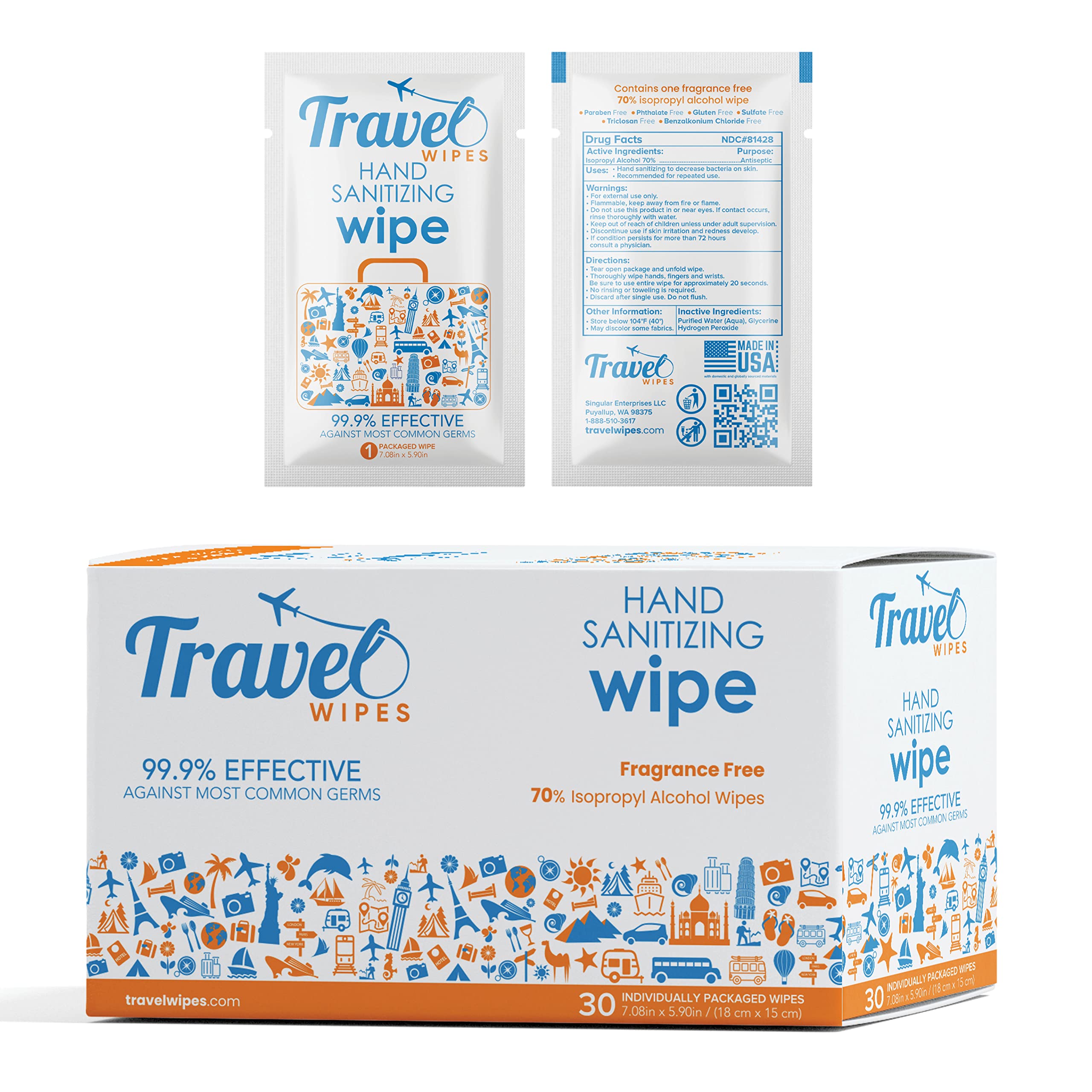 Travel Wipes individually wrapped for convenient on-the-go sanitizing.