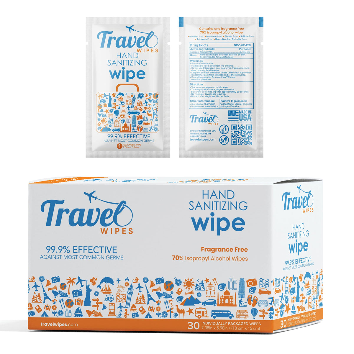 Travel Wipes individually wrapped for convenient on-the-go sanitizing.