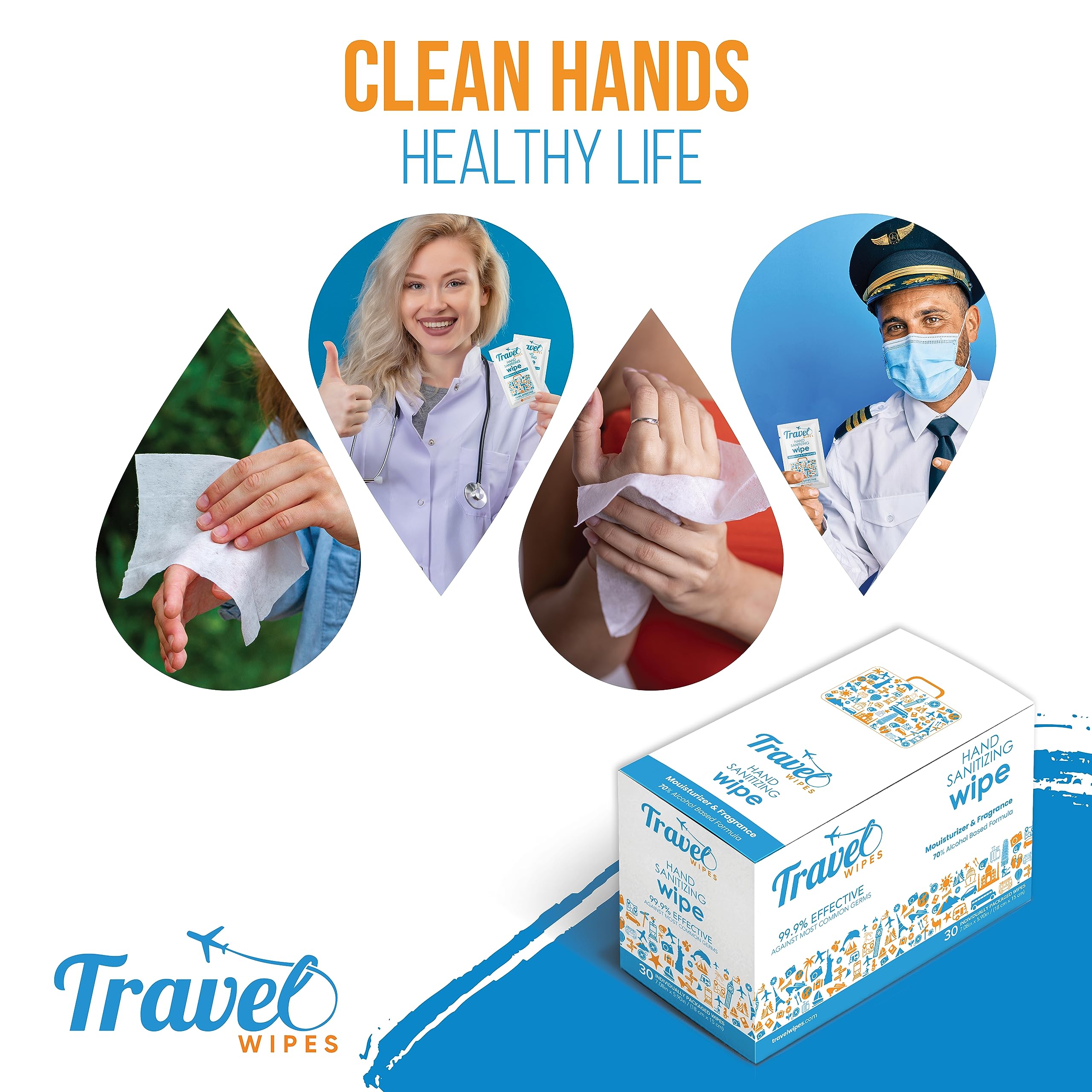 Travel Wipes moisturizing formula keeps hands soft.