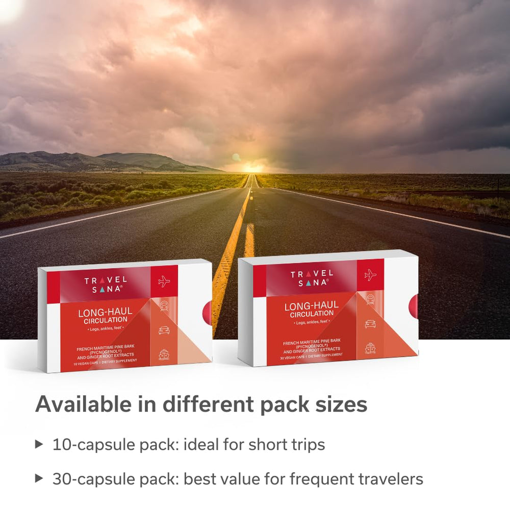 Travelsana Capsules on travel pouch suggest convenient daily dosing while away.