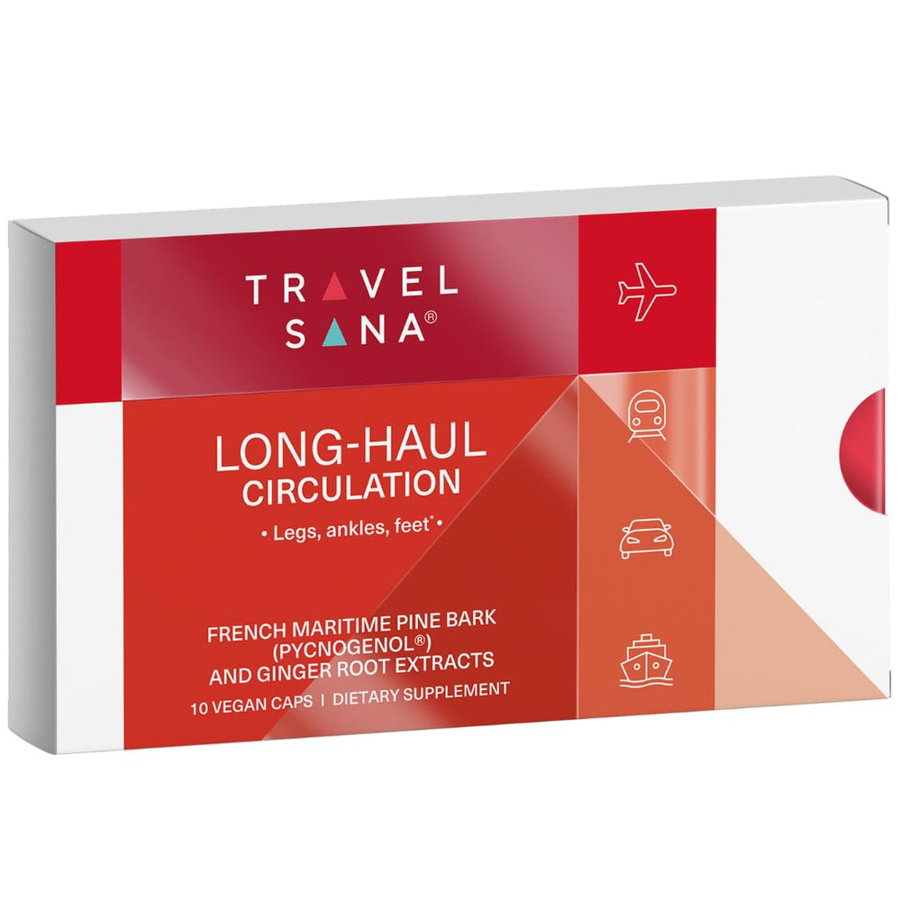 Travelsana Pycnogenol 100mg bottle pour supports travel circulation on long trips.