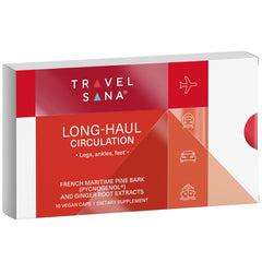 Travelsana Pycnogenol 100mg bottle pour supports travel circulation on long trips.