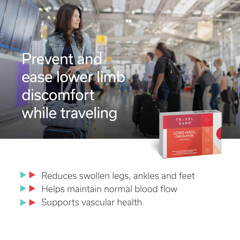 Travelsana Traveler Health Essentials box highlights vegan, travel-friendly formulation.