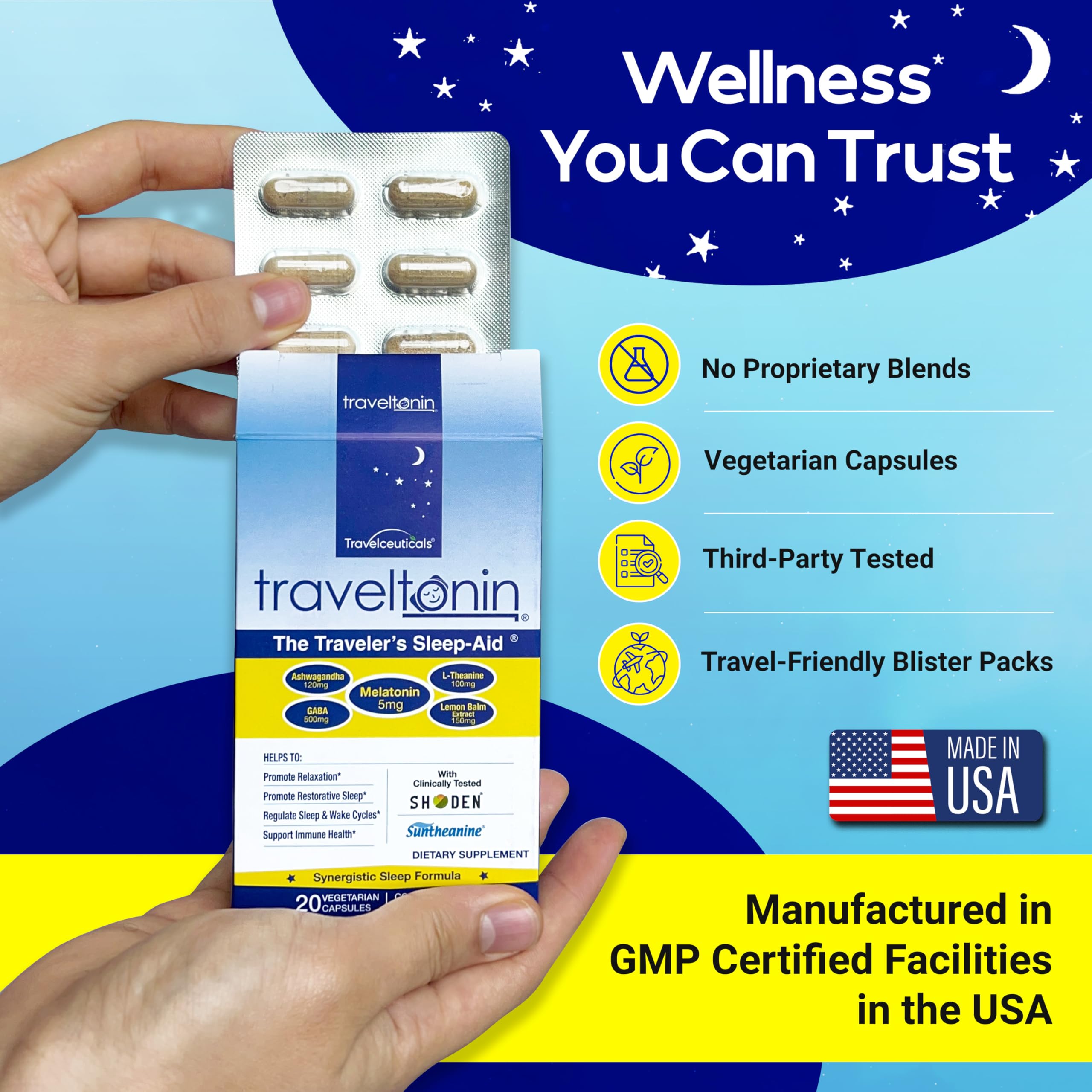 Traveltonin ashwagandha-lemon-balm blend promotes relaxation.