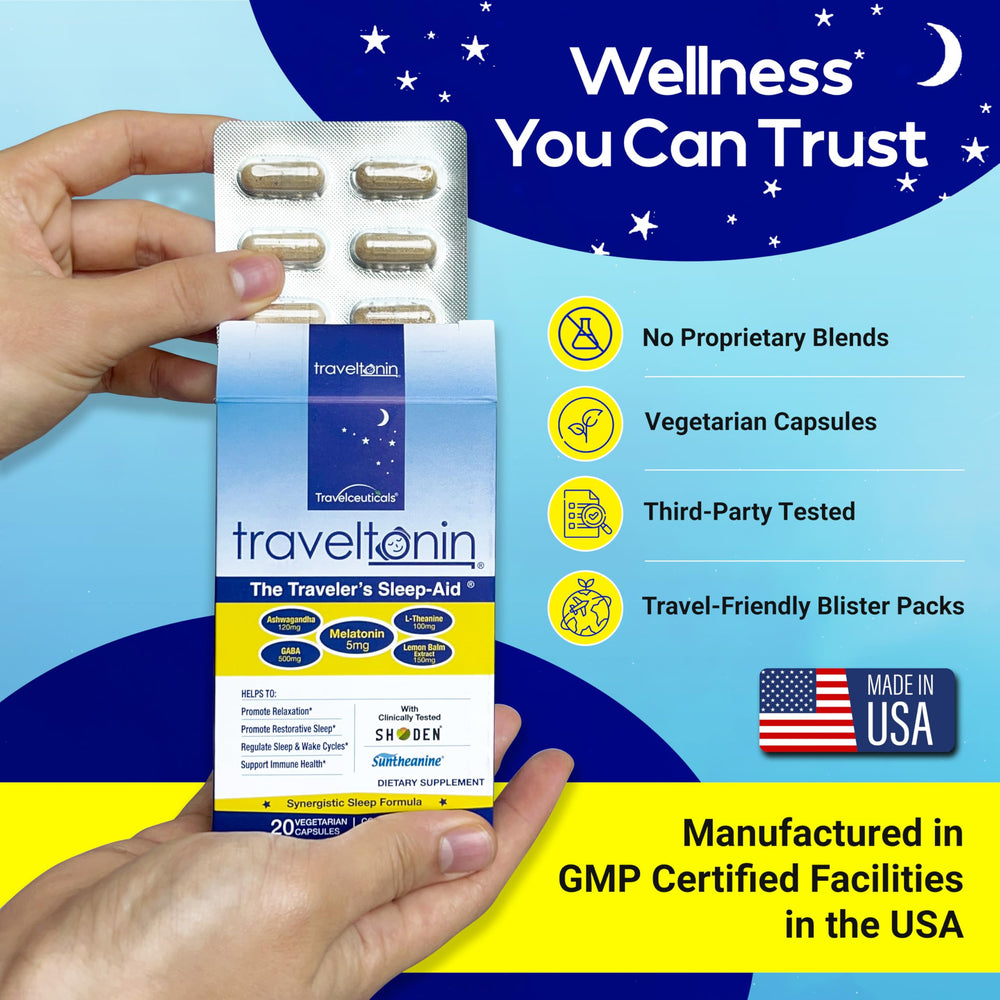 Traveltonin ashwagandha-lemon-balm blend promotes relaxation.