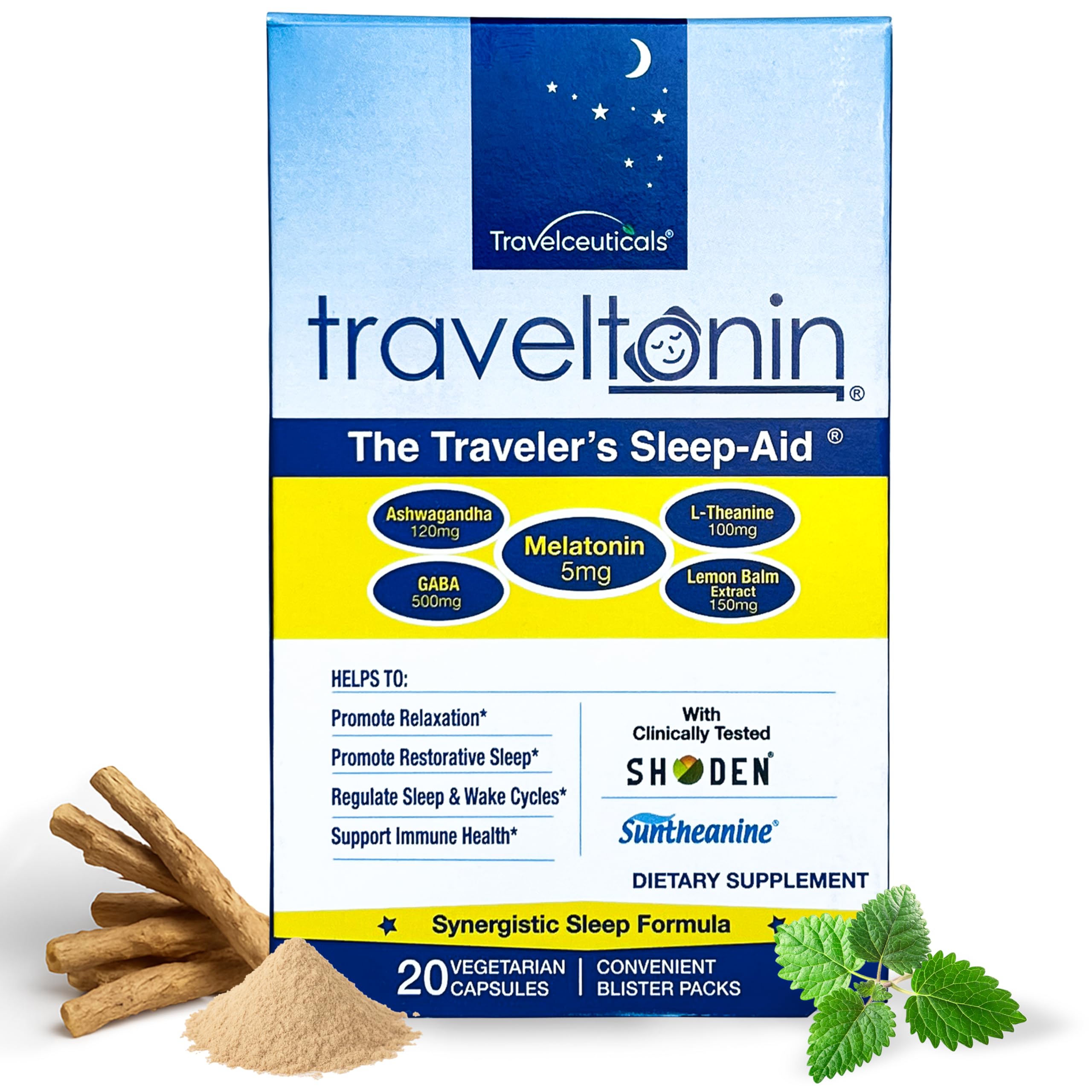Traveltonin travel sleep‑aid bottle supports calm nights away from home.