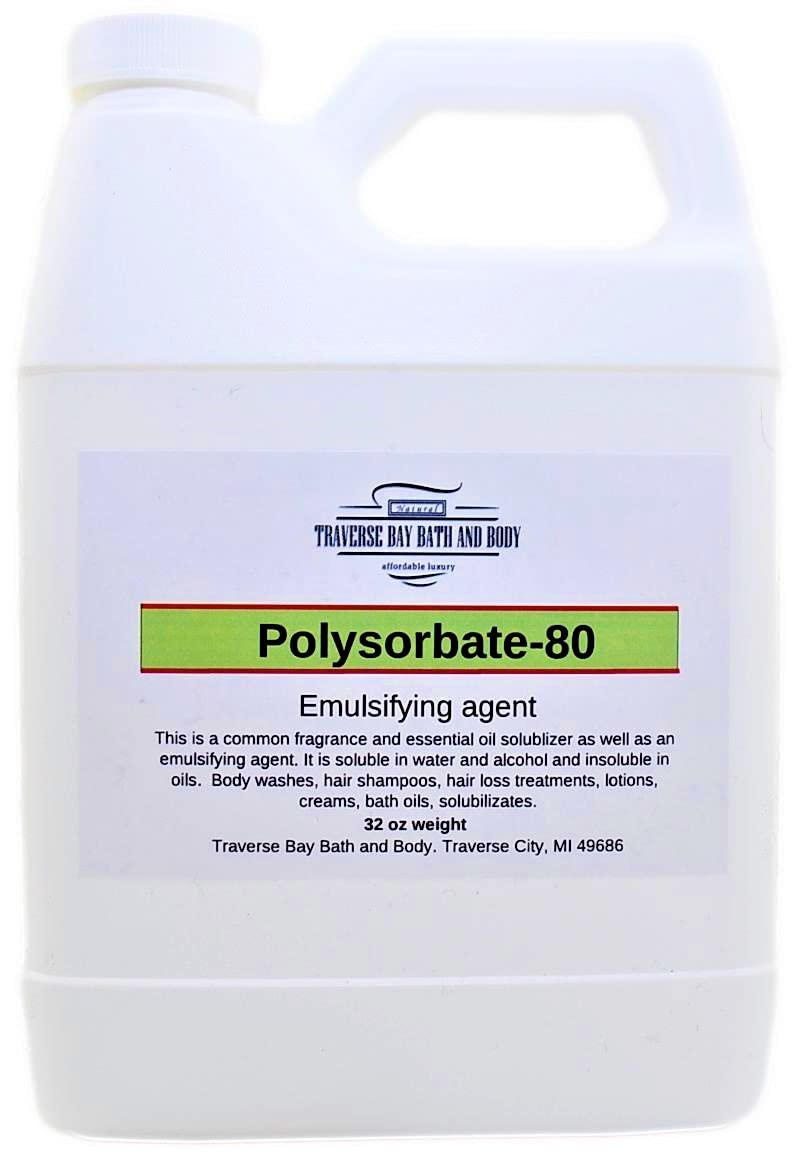 Traverse Bay Polysorbate 80 32oz container shows solubility in water-based formulas.