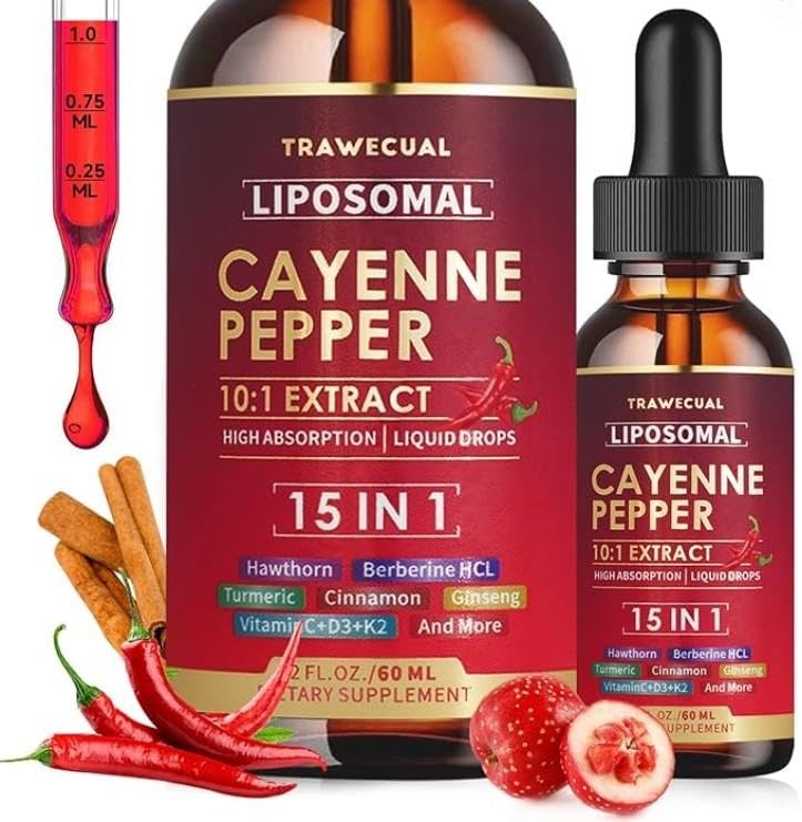 Trawecual 15-in-1 liposomal cayenne bottle, highlighting high absorption potential for daily vitality.