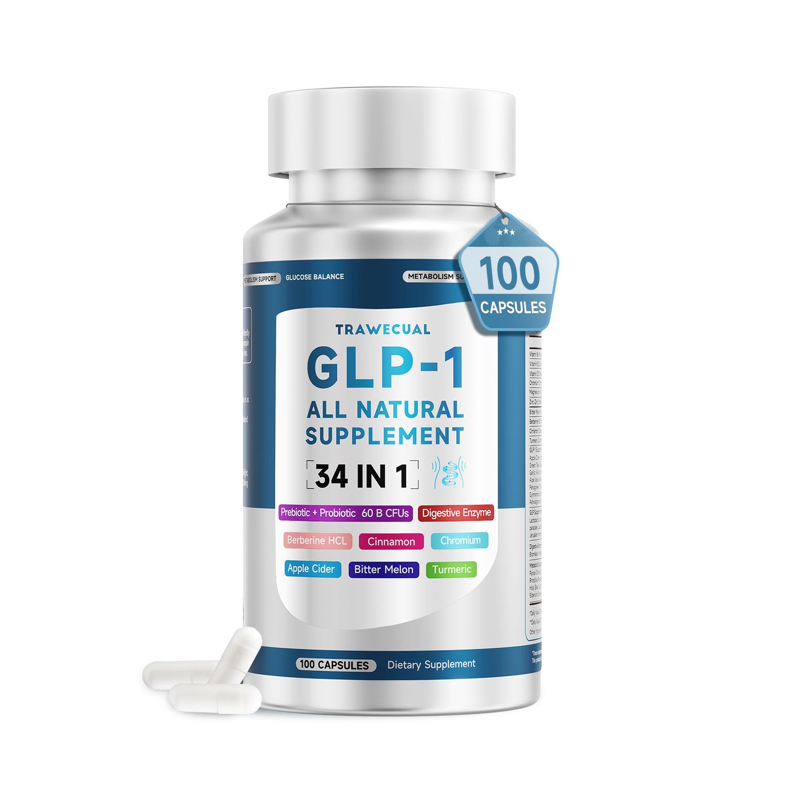 Trawecual GLP-1 34-in-1 bottle front for daily metabolic balance.