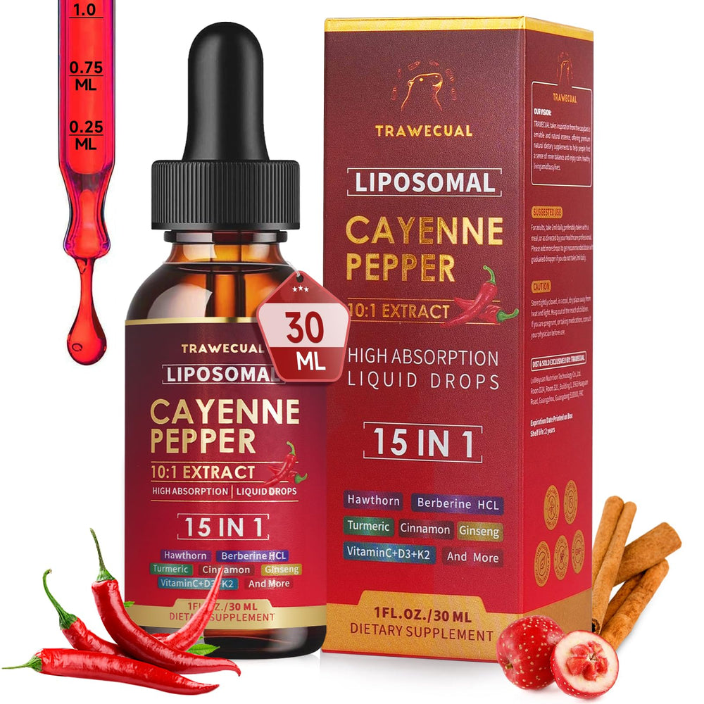 Trawecual liposomal cayenne drops bottle front for easy daily vitality.