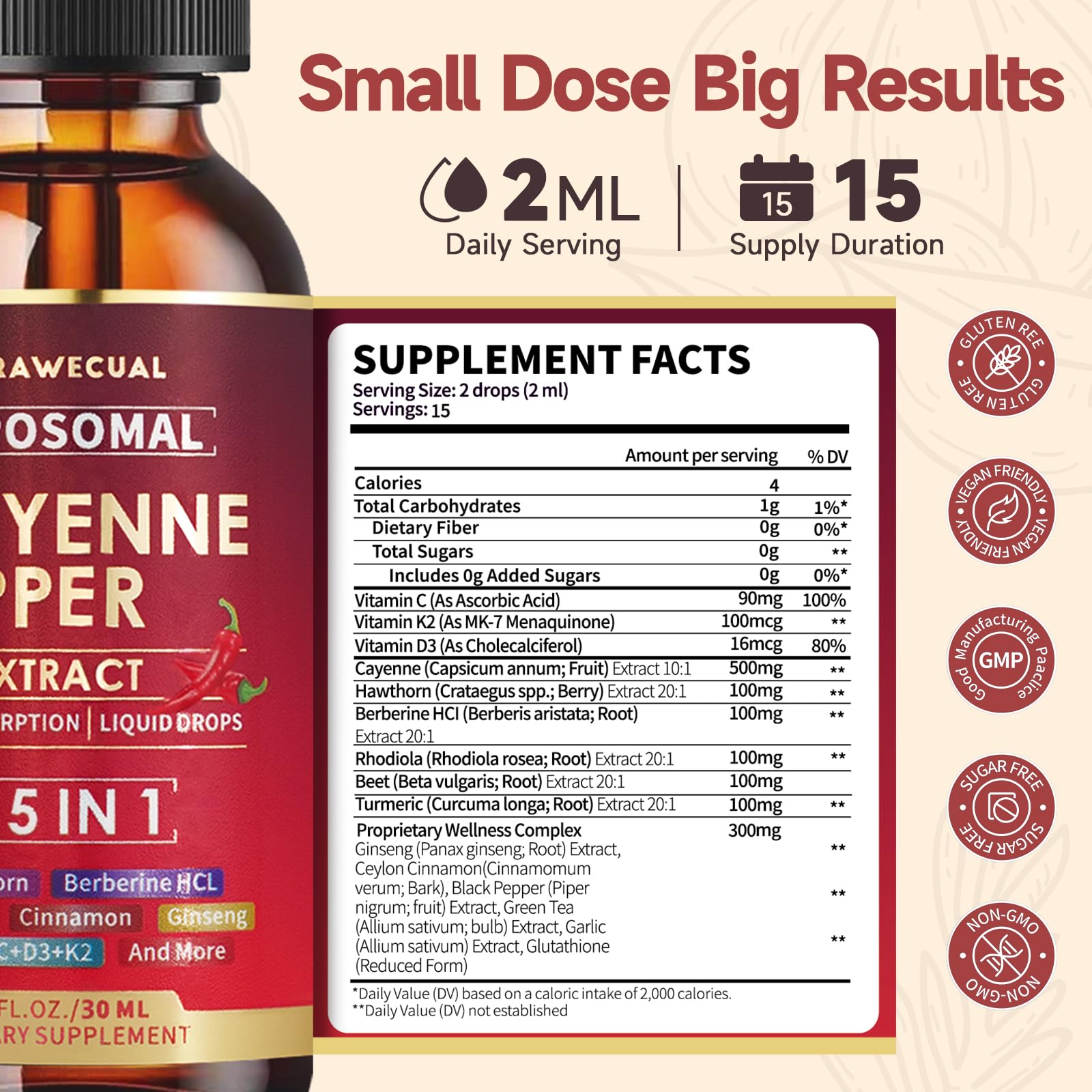 Trawecual liposomal cayenne drops shows a 2 ml dose on the dropper.