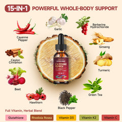 Trawecual liposomal cayenne drops ingredients graphic highlighting the 15-in-1 formula.