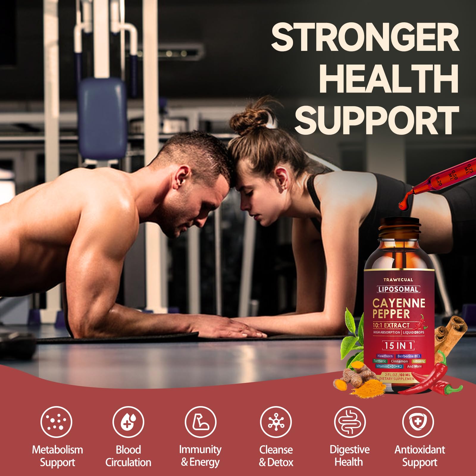 Trawecual liposomal cayenne drops label notes a smooth hawthorn-cinnamon flavor.