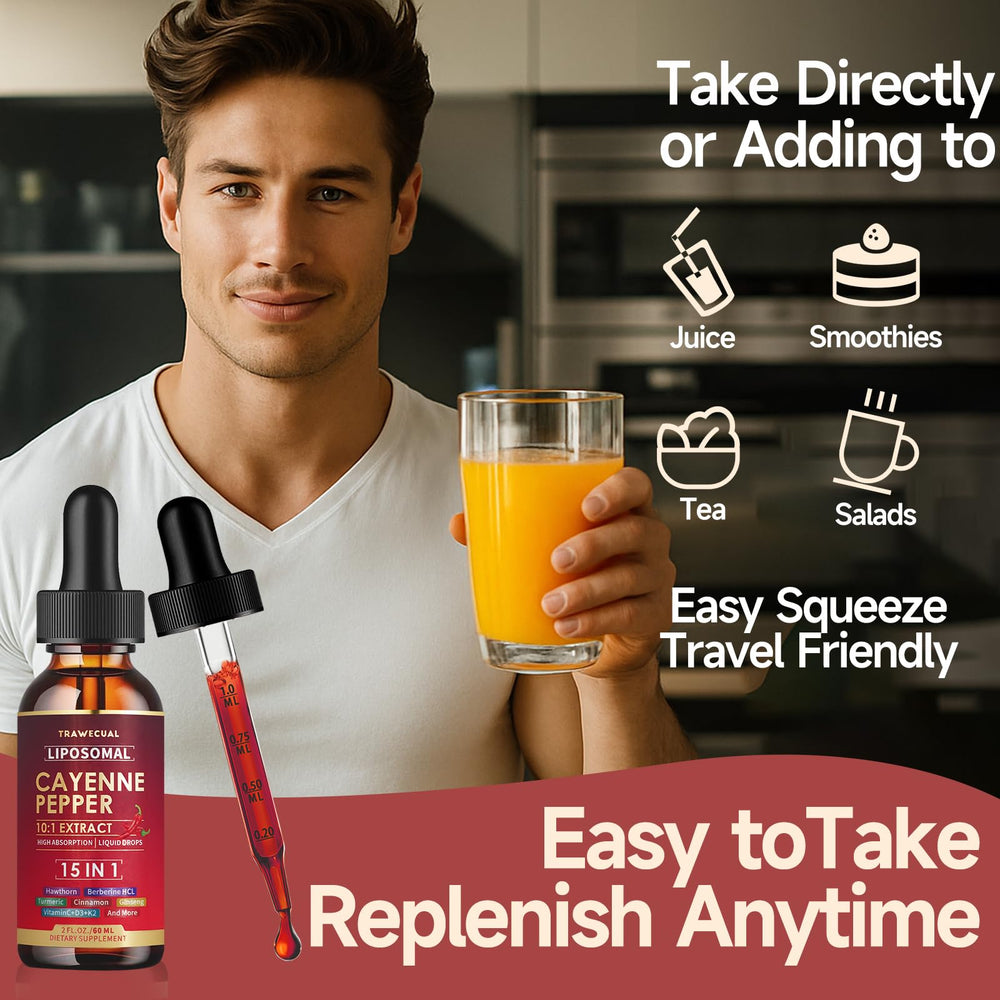 Trawecual liposomal cayenne drops travel-size bottle ideal for on-the-go routines.