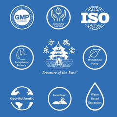 Treasure of the East Indigo Qing Dai capsules label close-up for quality details.