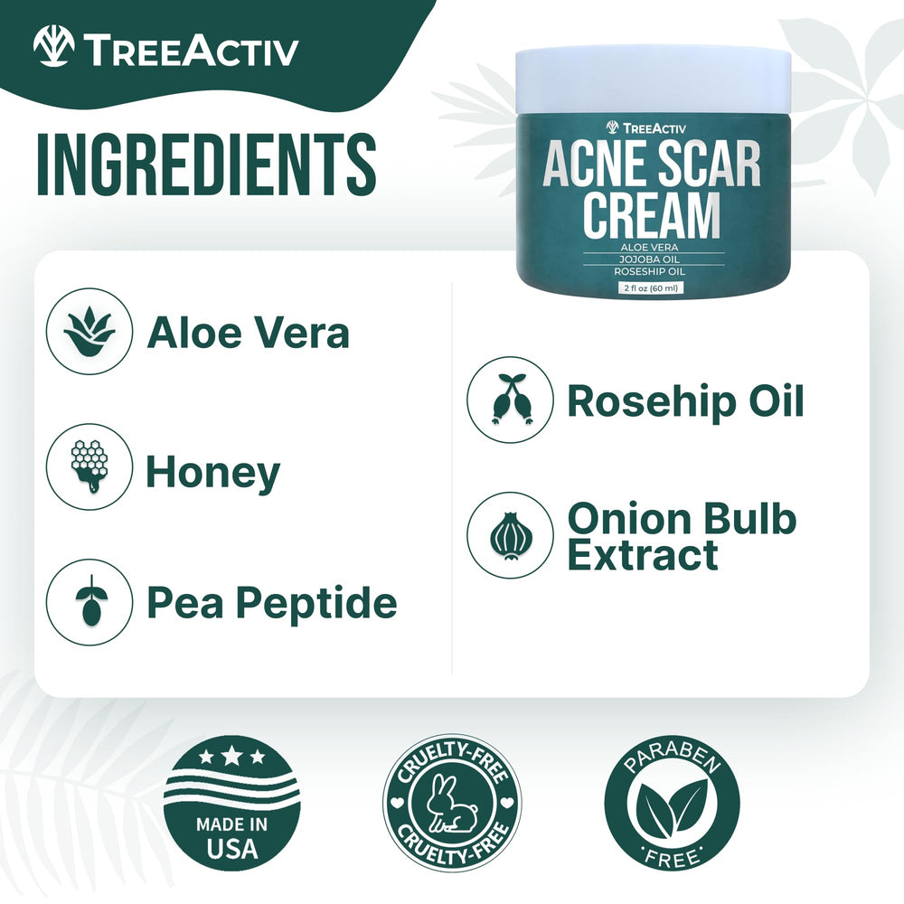 TreeActiv Acne Scar Cream applied on cheek showing even coverage for daily care.