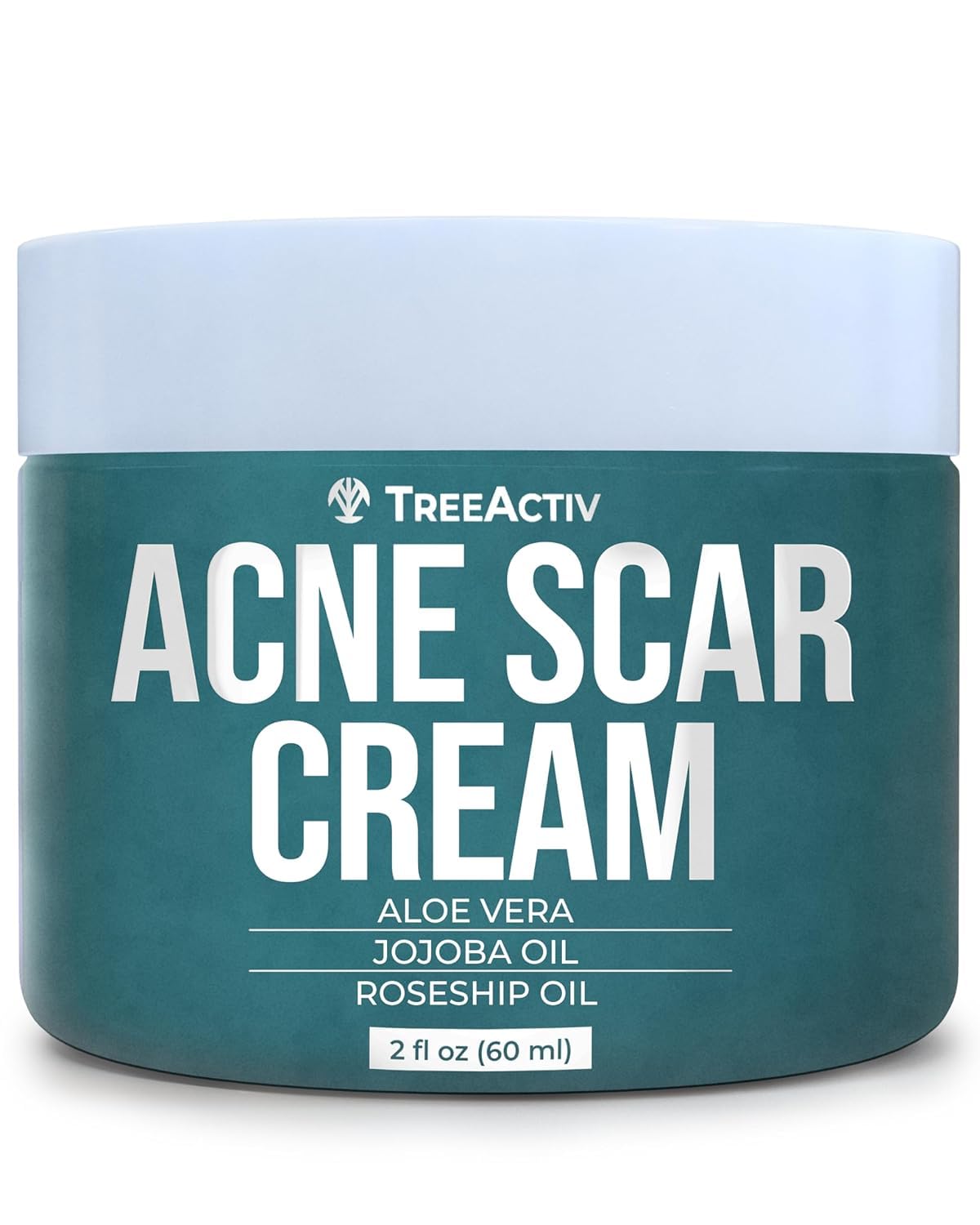 TreeActiv Acne Scar Cream bottle closeup suggesting targeted scar care for smoother skin.