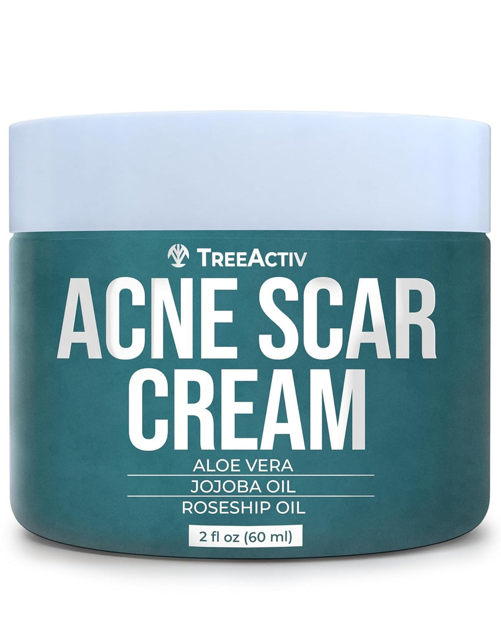 TreeActiv Acne Scar Cream bottle closeup suggesting targeted scar care for smoother skin.