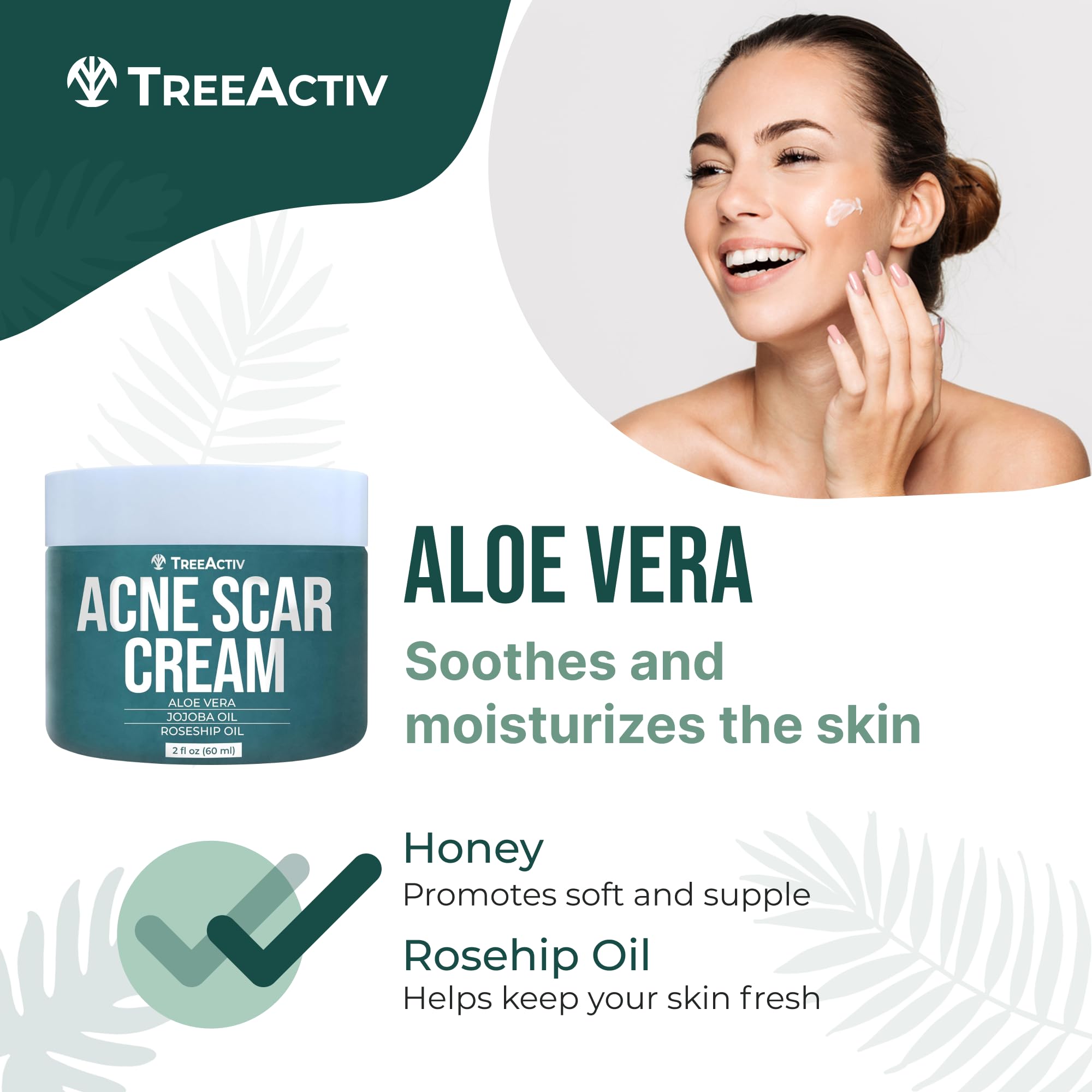 TreeActiv Acne Scar Cream packaging box highlighting full-size bottle.