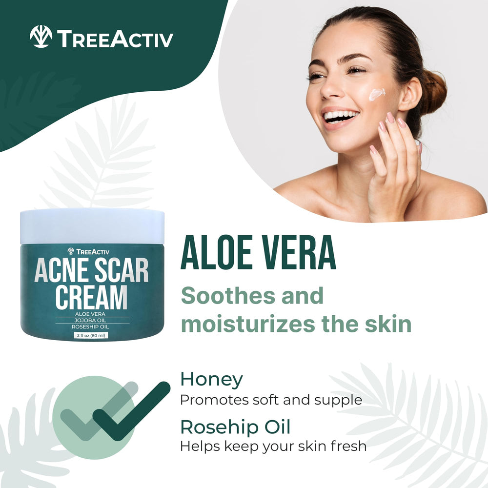 TreeActiv Acne Scar Cream packaging box highlighting full-size bottle.