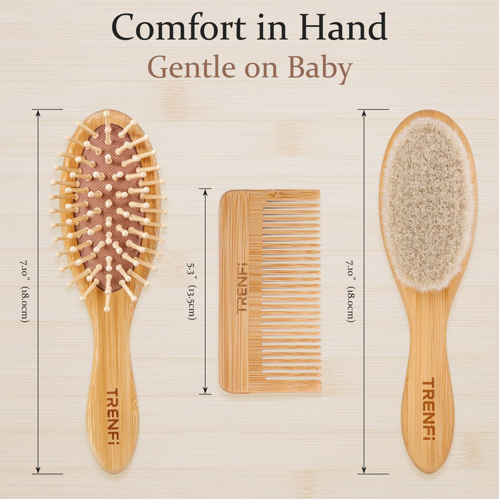 TRENFI bamboo baby comb and brush in an elegant gift box.