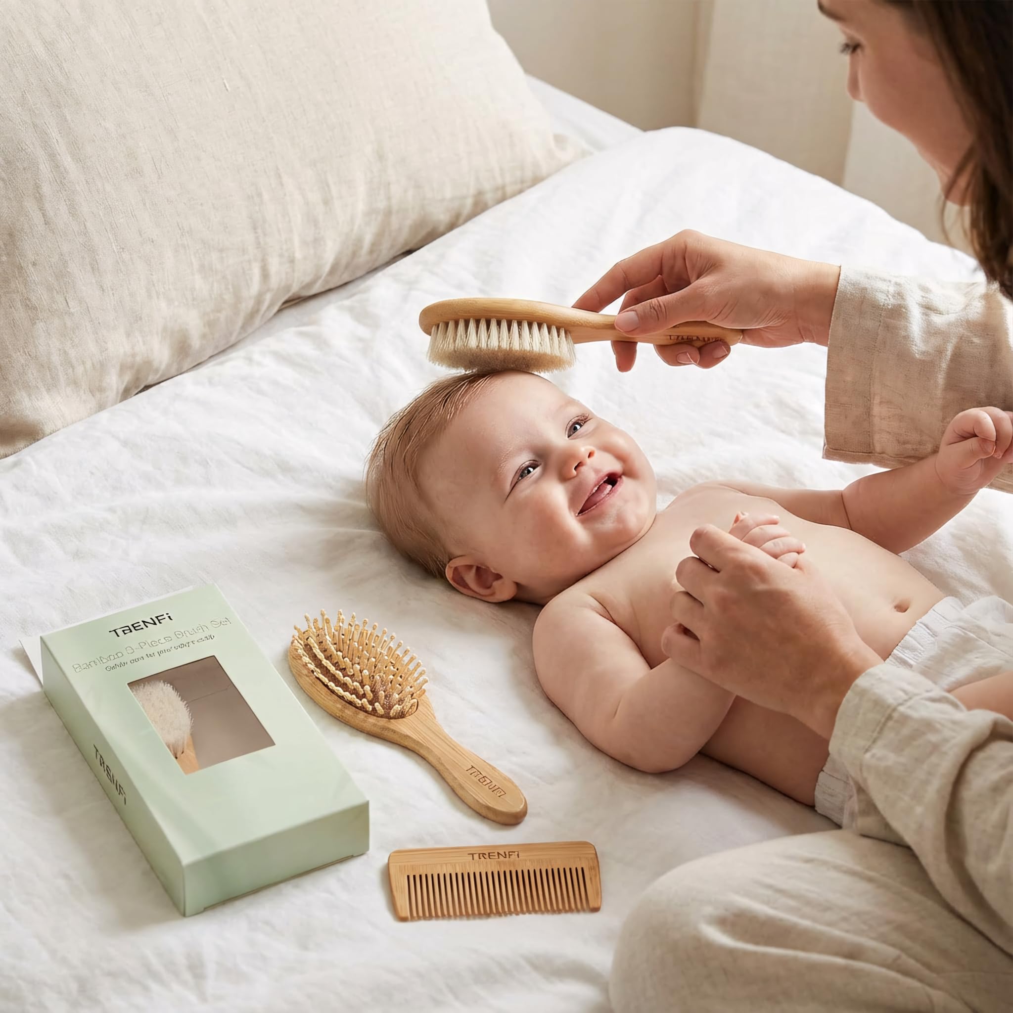 TRENFI bamboo baby comb fine-tooth for gentle detangling.