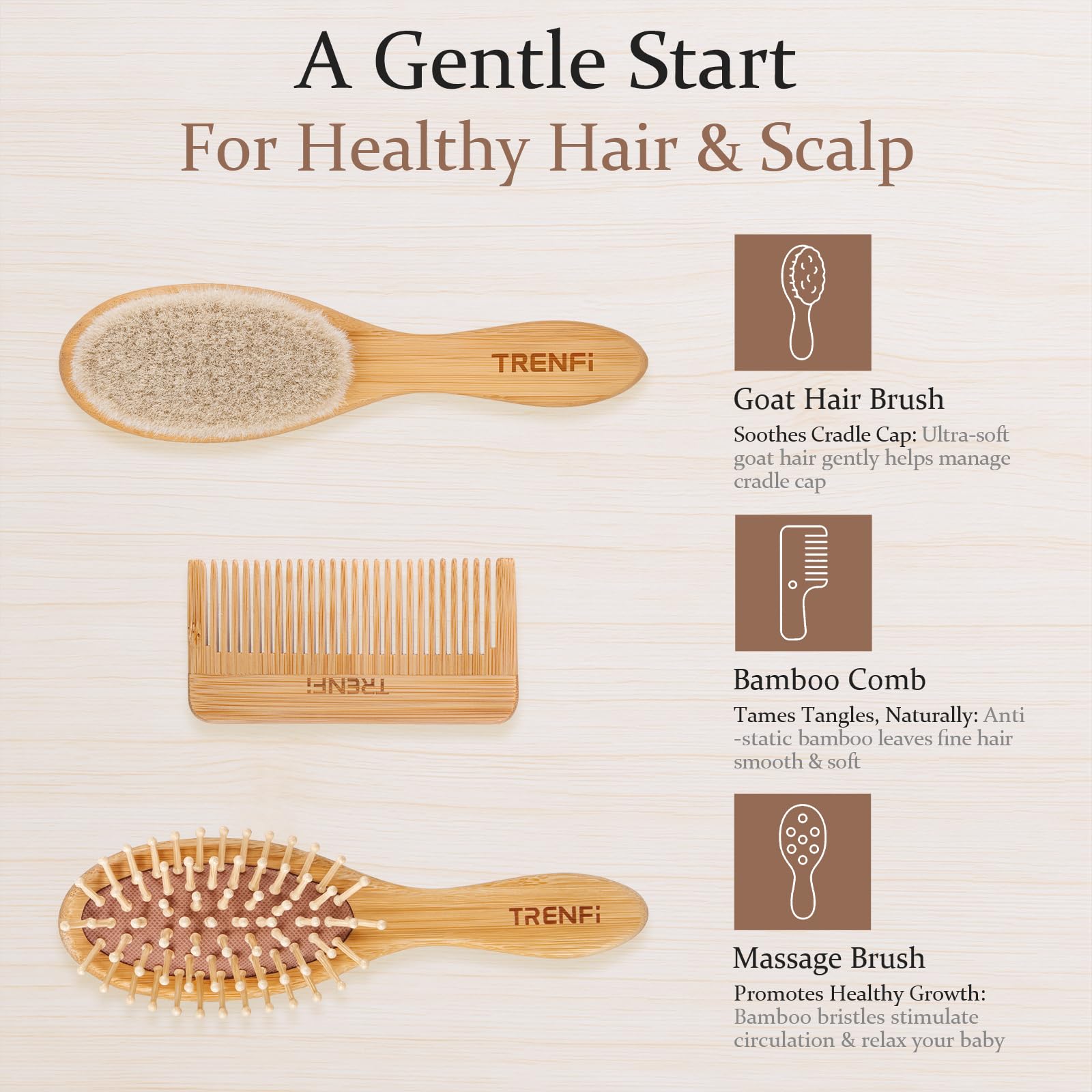 TRENFI bamboo grooming set close-up shows natural goat bristles.