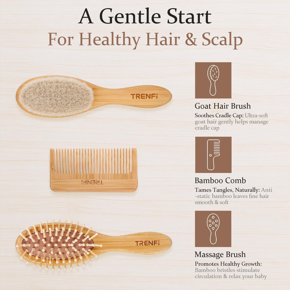 TRENFI bamboo grooming set close-up shows natural goat bristles.