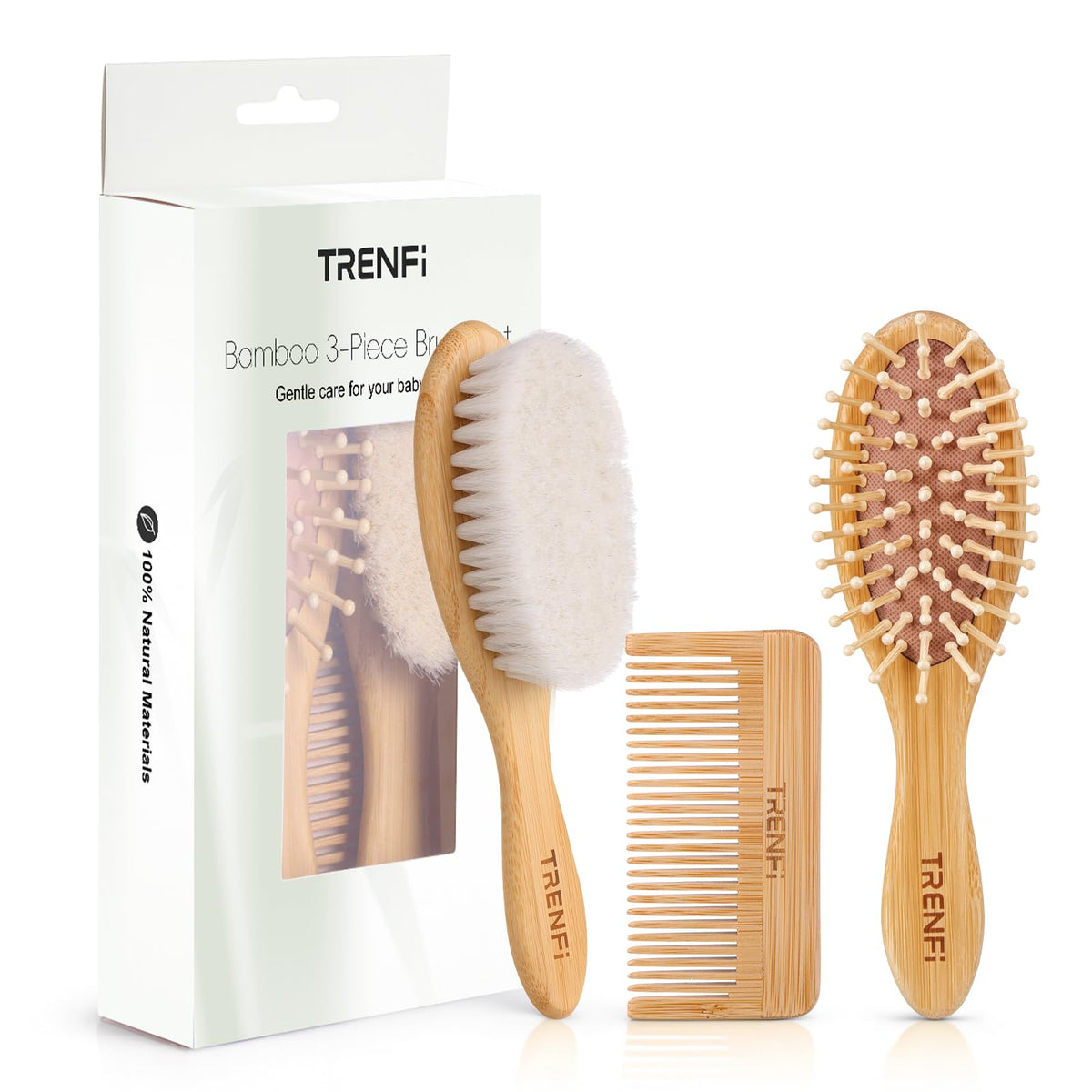 TRENFI bamboo baby hair brush with ultra-soft bristles for newborn comfort.
