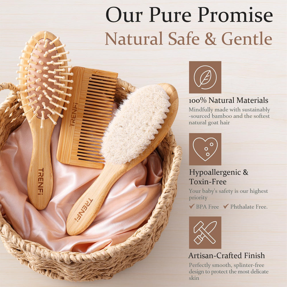 TRENFI bamboo hair brush with smooth wooden handle for delicate scalp.