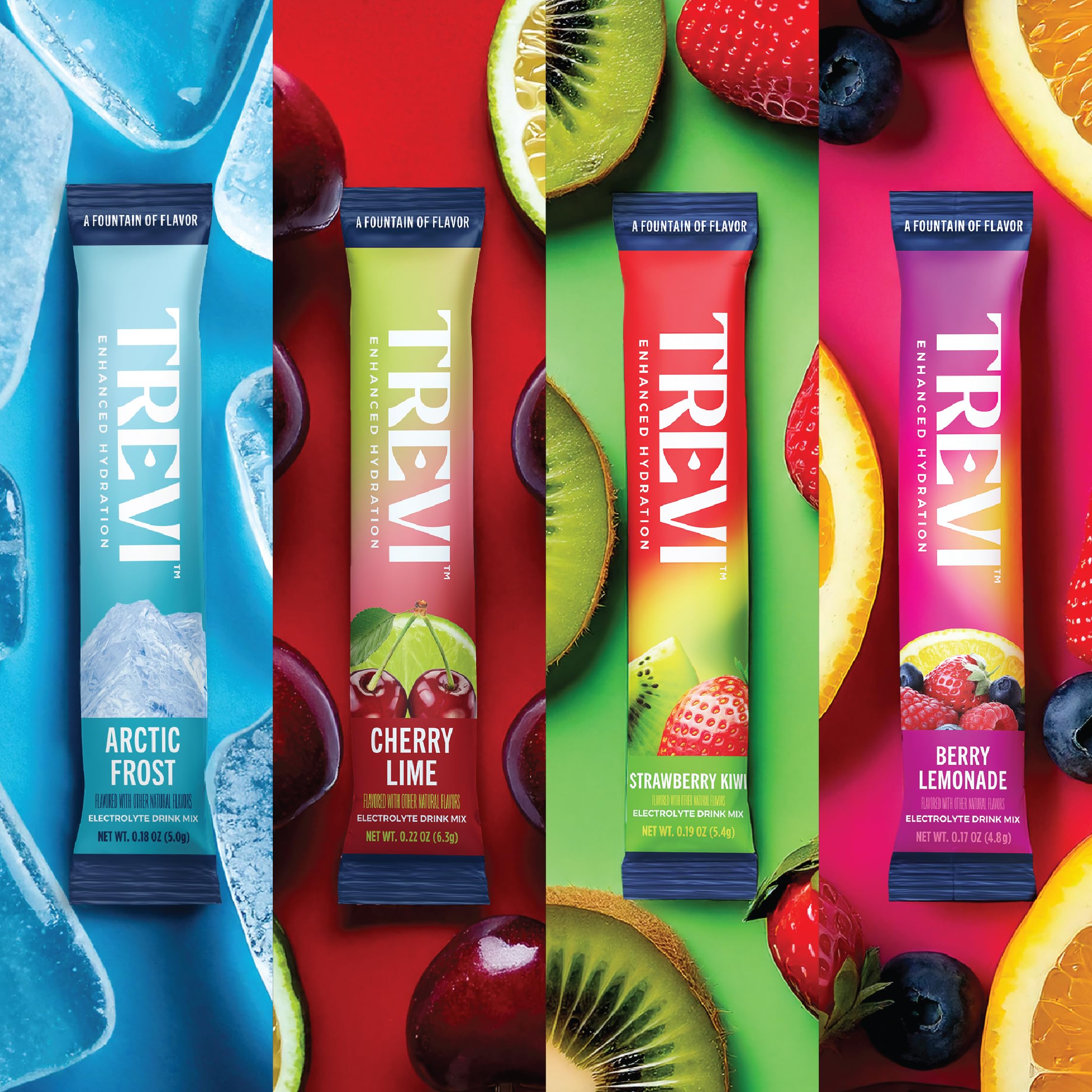 TREVI electrolitos sin azúcar, empaque sabor fresa-kiwi, sabor refrescante