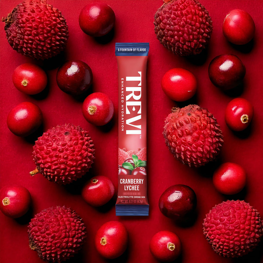 TREVI polvo de hidratación sin colorantes: Cranberry Lychee para agua cotidiana.