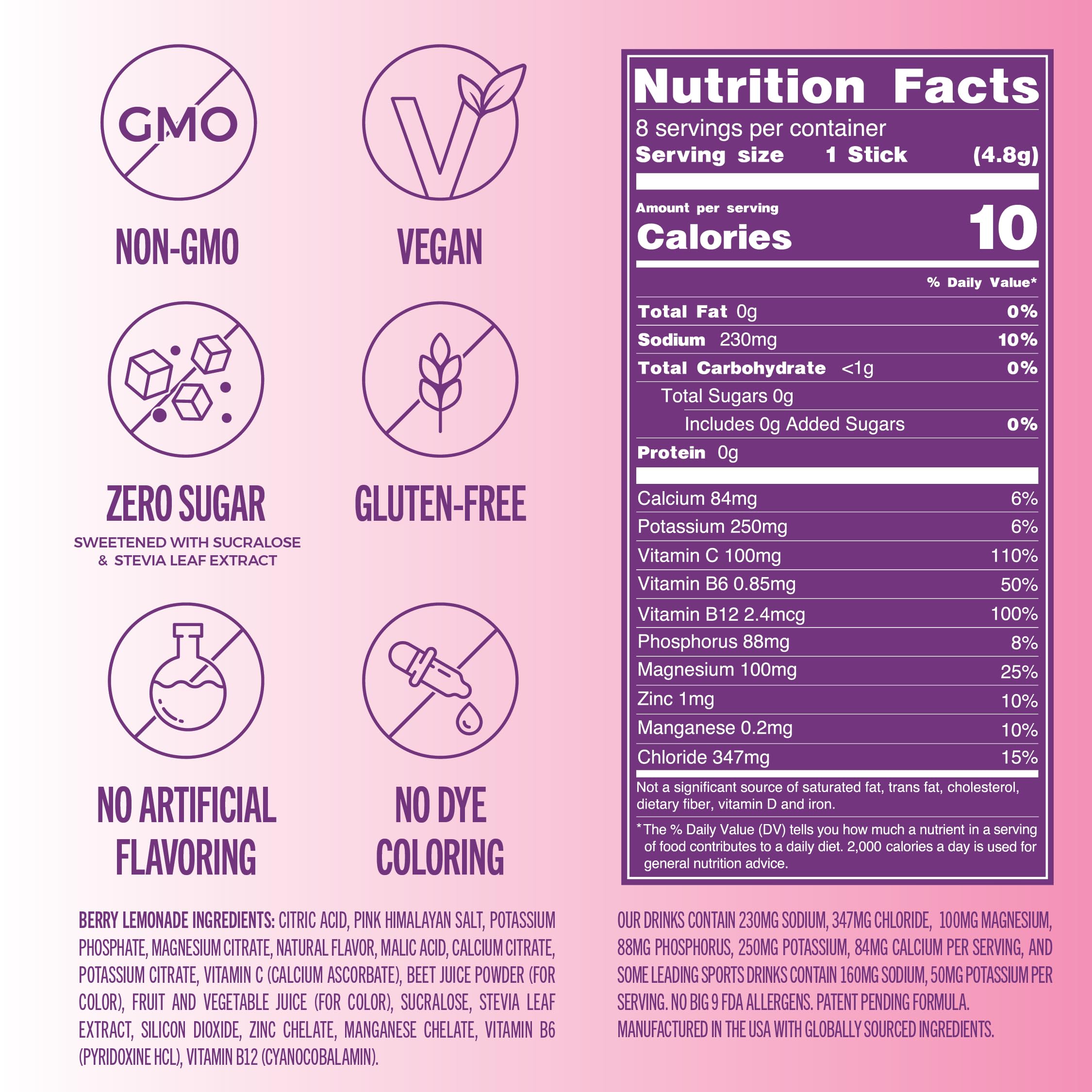  TREVI Berry Lemonade front label highlighting zero sugar and vegan ingredients
