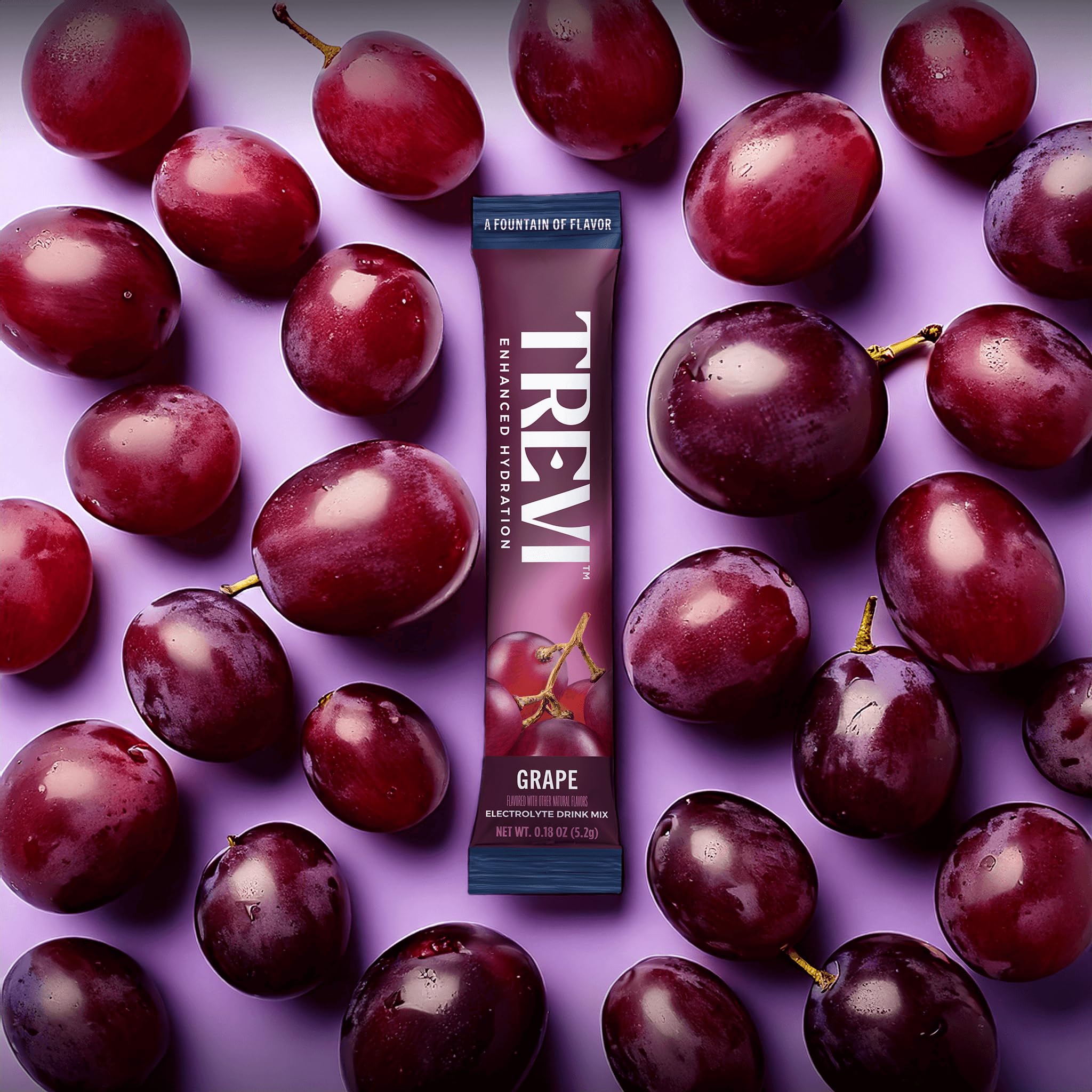 Trevi grape electrolyte drink mix dissolving in water for flavor-rich hydration