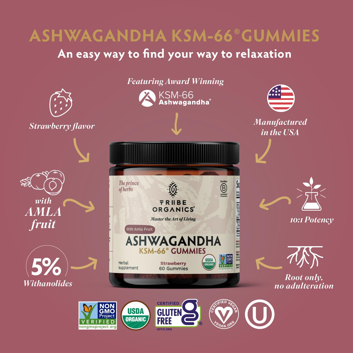 TRIBE ORGANICS Ashwagandha gummies bottle close-up highlighting 600 mg KSM-66.