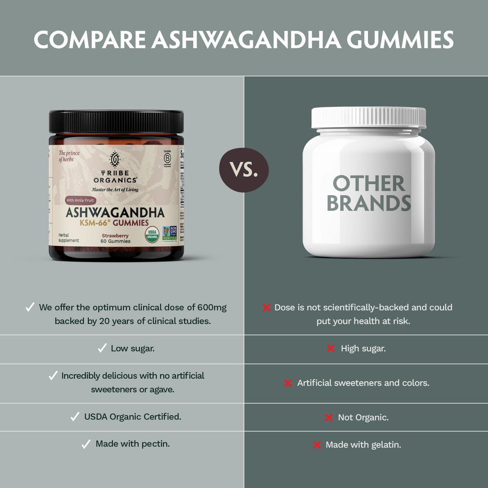 TRIBE ORGANICS Ashwagandha gummies shown on a desk for daily use.