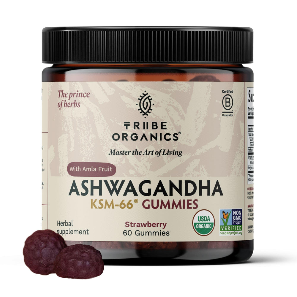 TRIBE ORGANICS Ashwagandha gummies pack for daily wellness and balanced mood.