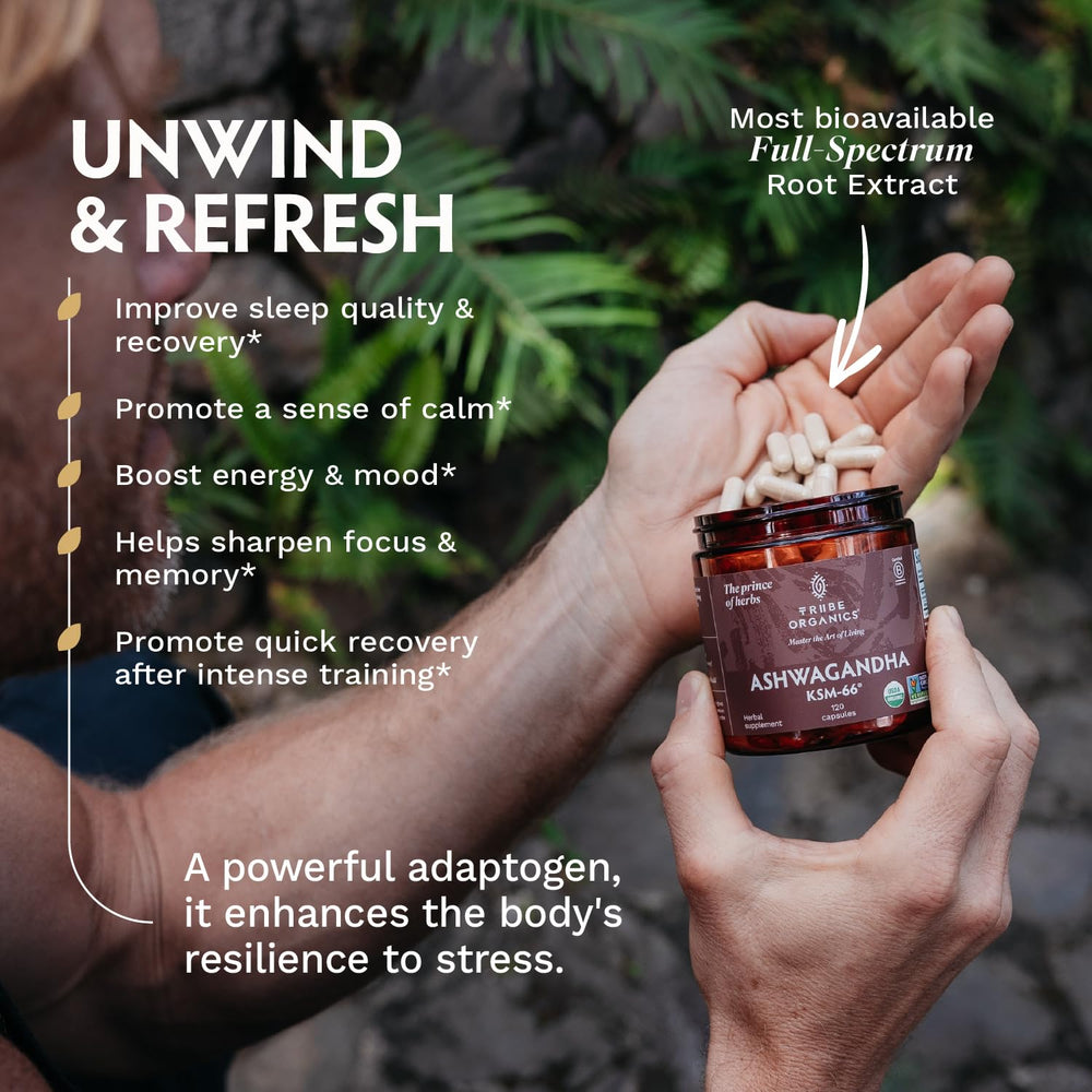 TRIBE ORGANICS Ashwagandha KSM66 athlete training scene suggesting endurance.