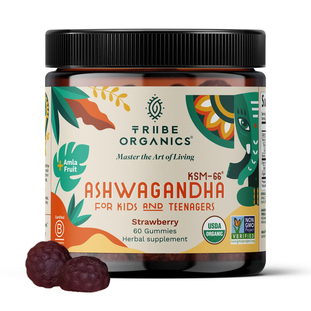 TRIBE ORGANICS Ashwagandha KSM-66 gummies bottle for kids supports focus and calm