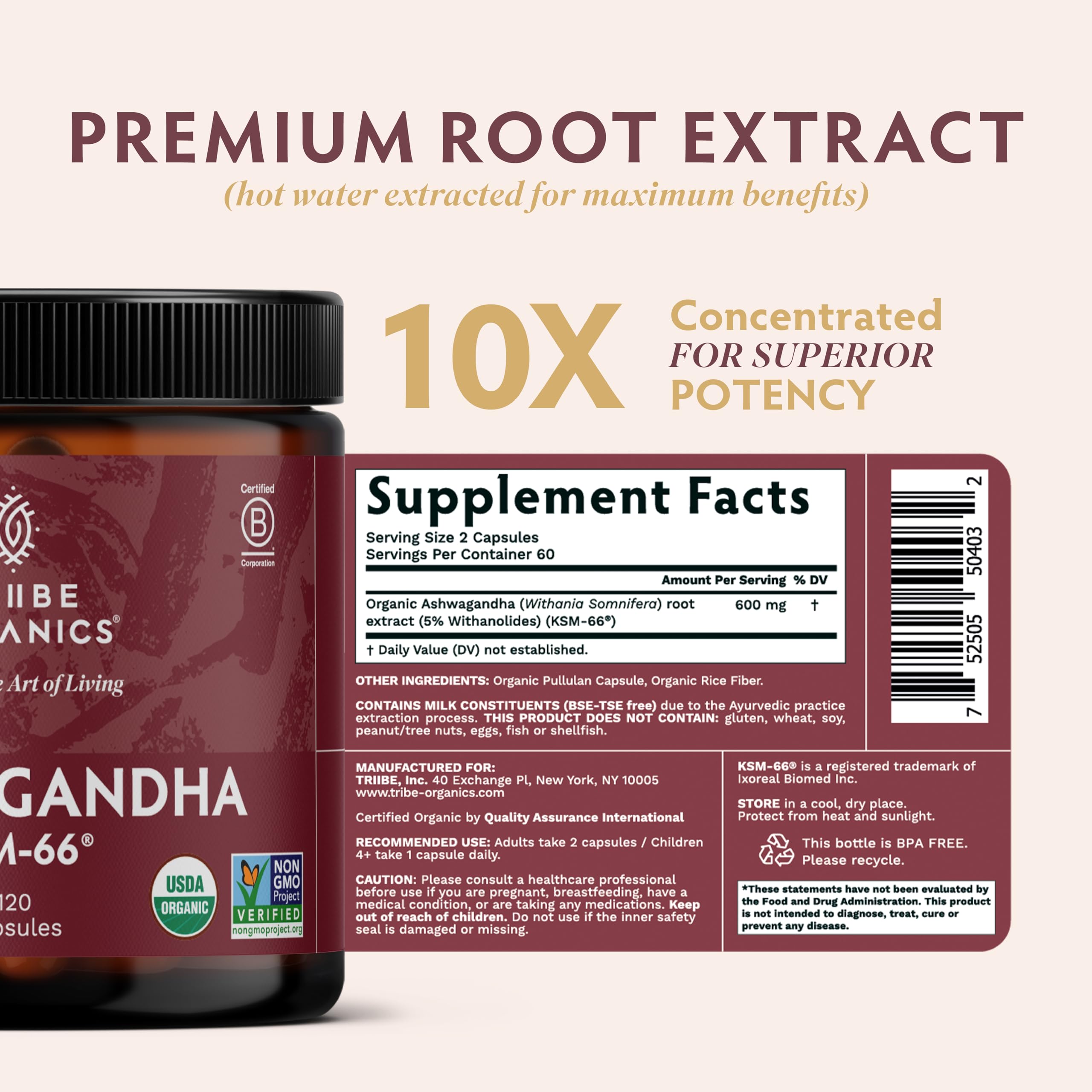 TRIBE ORGANICS Ashwagandha KSM66 packaging box highlighting organic origin.