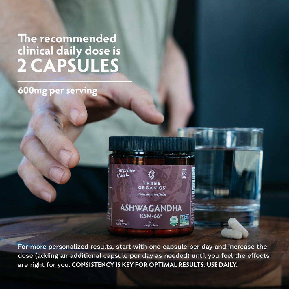 TRIBE ORGANICS Ashwagandha KSM 66 packaging reflects sustainable sourcing and quality.