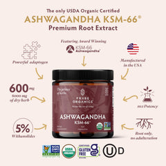 TRIBE ORGANICS Ashwagandha KSM 66 powder bottle preserves consistent potency for steady use.