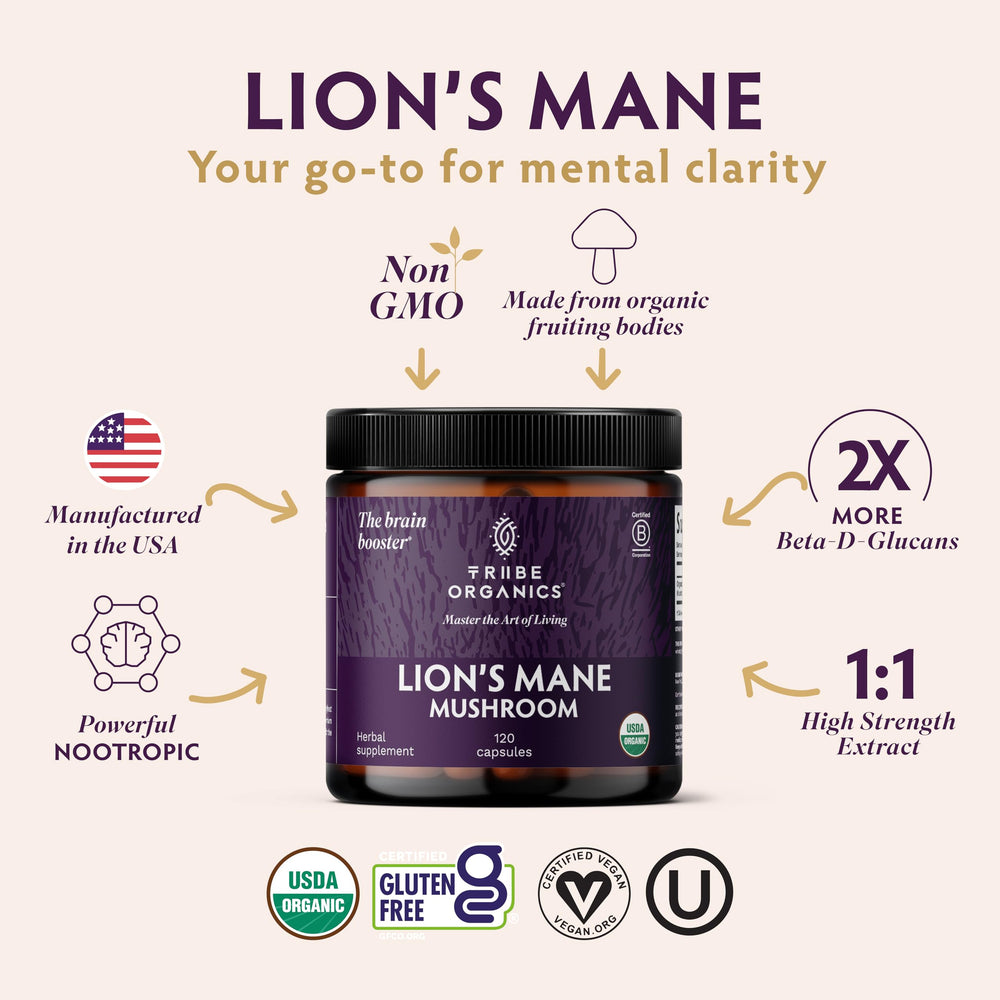 TRIBE ORGANICS Lion’s Mane capsules close-up highlights vegan capsule formula.