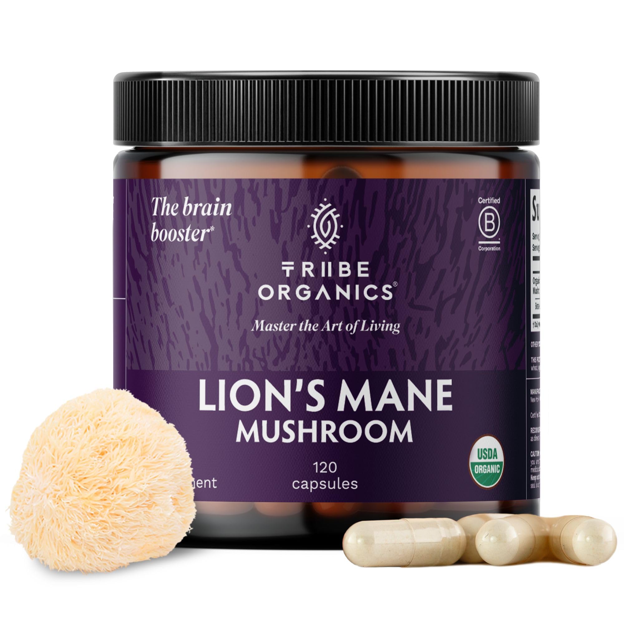 TRIBE ORGANICS Lion’s Mane supplement bottle supports daily focus and mental clarity.