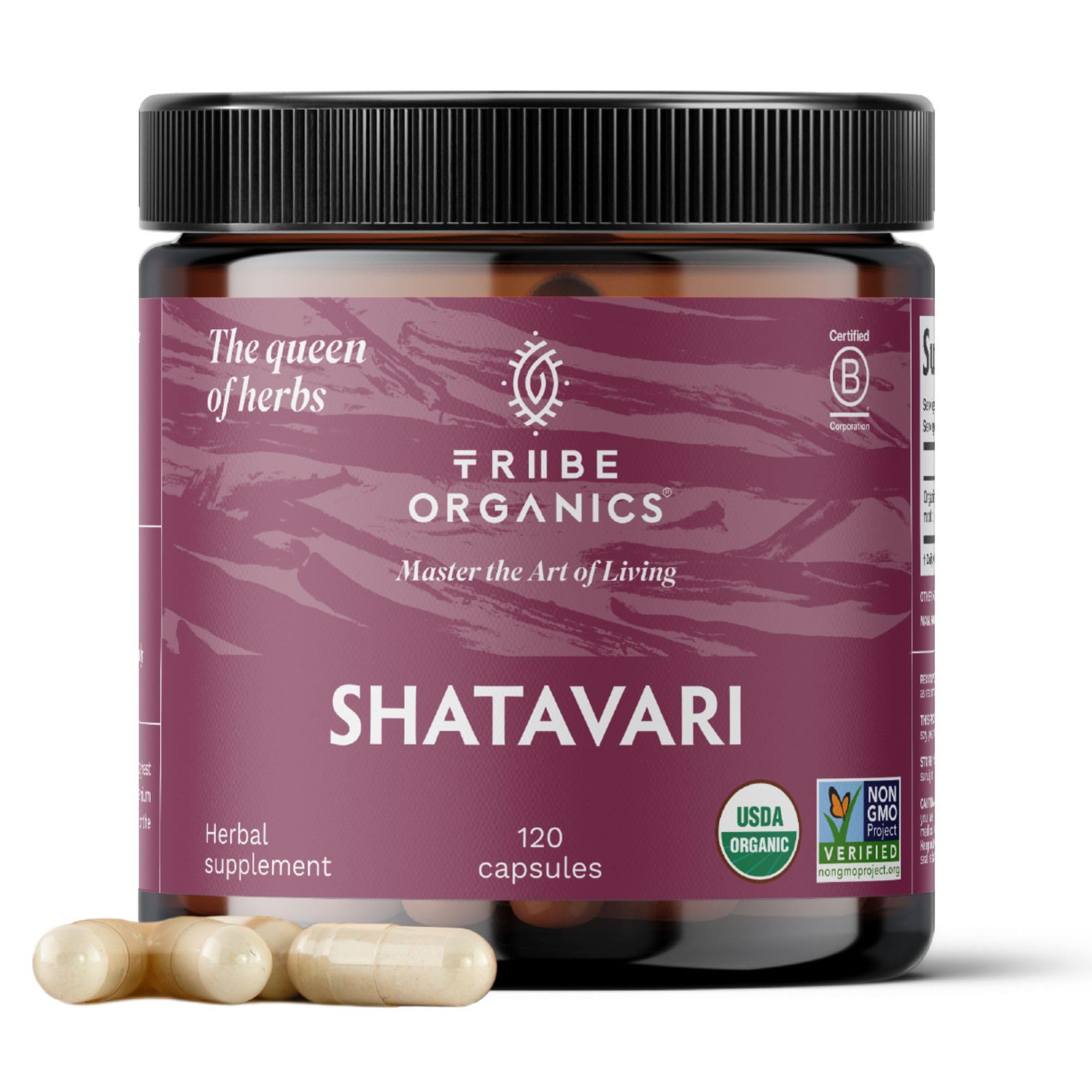 TRIBE ORGANICS Shatavari bottle label highlighting organic, non-GMO formula for hormonal balance support.