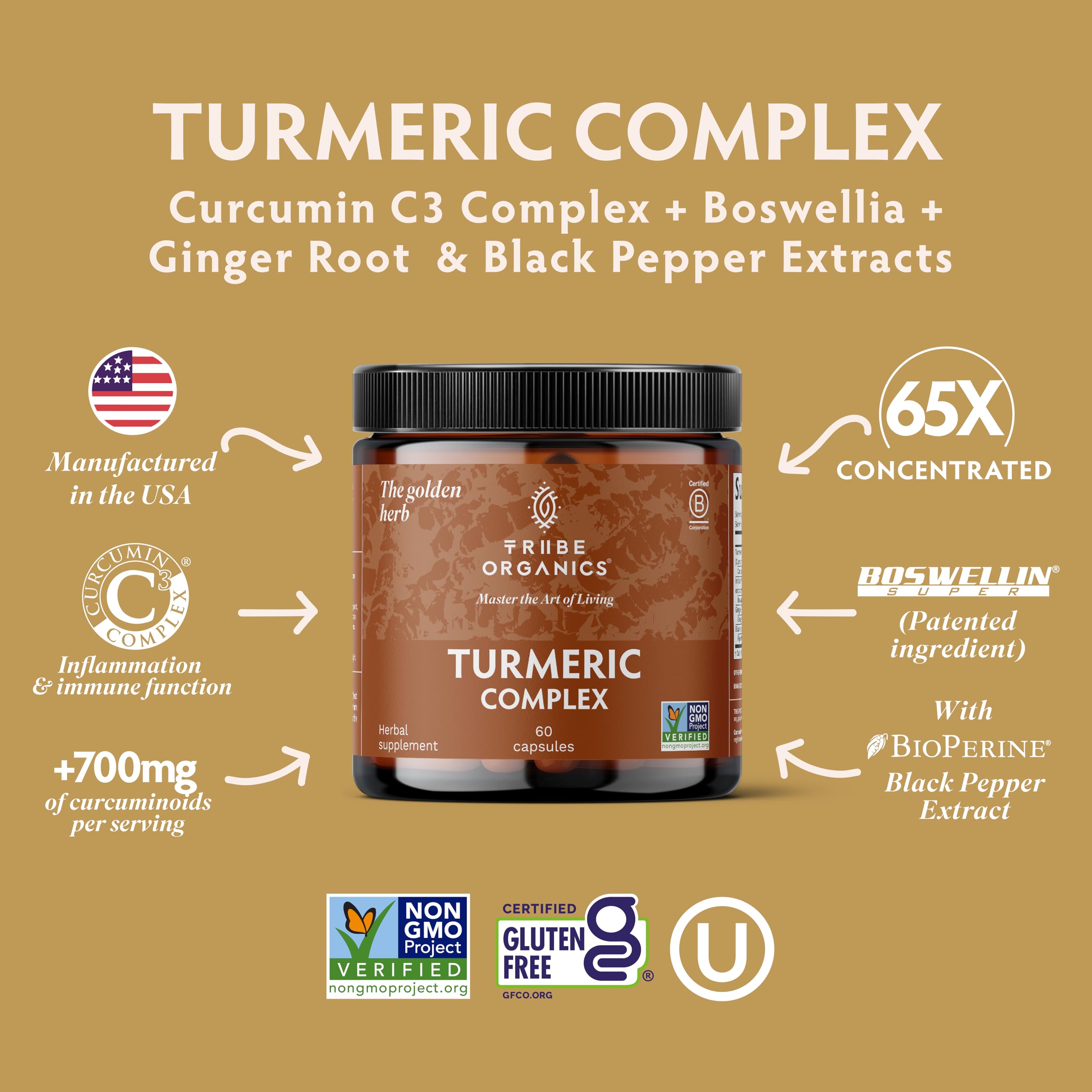 TRIBE ORGANICS Curcumin capsules on white background, vegan and gluten free