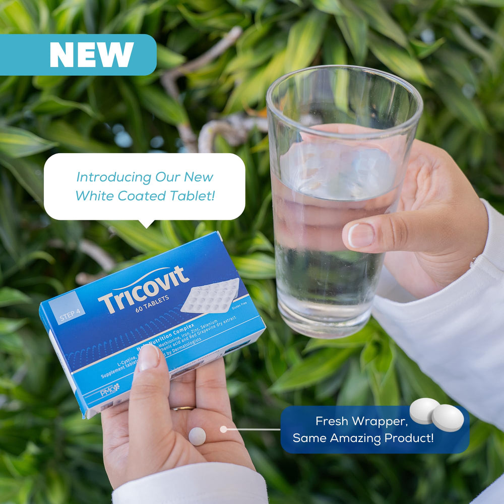 Tricovit capsules being poured, suggesting easy daily routine.