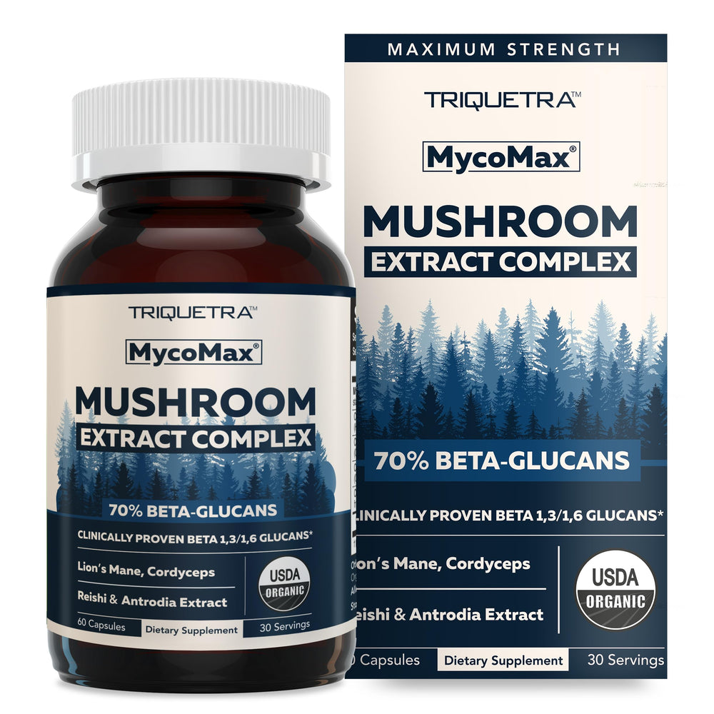 Triquetra Health MycoMax bottle front highlighting 70% beta-glucans for cognitive and immune support